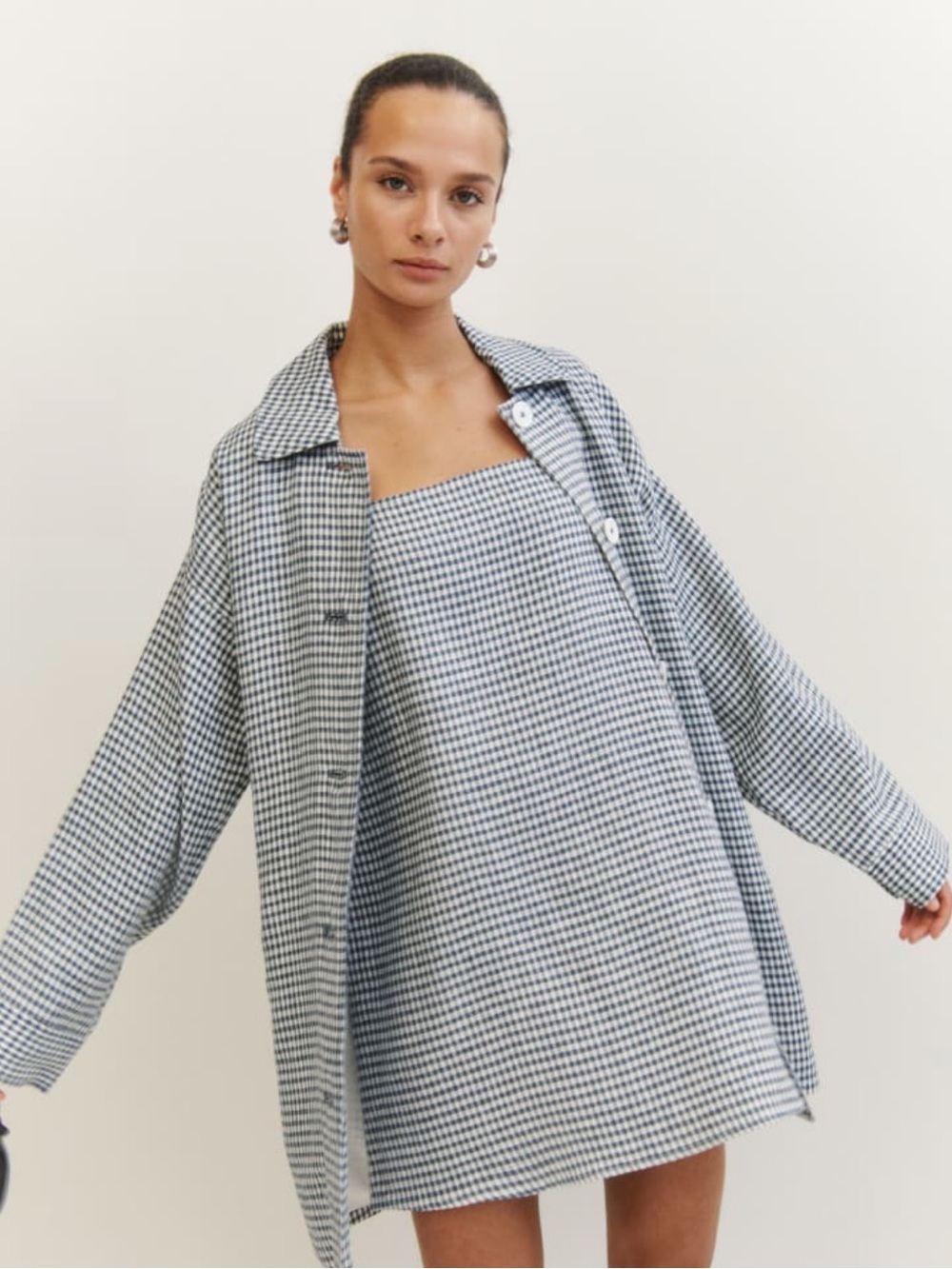 Reformation Black & White Gingham Trench Coat and matching mini dress